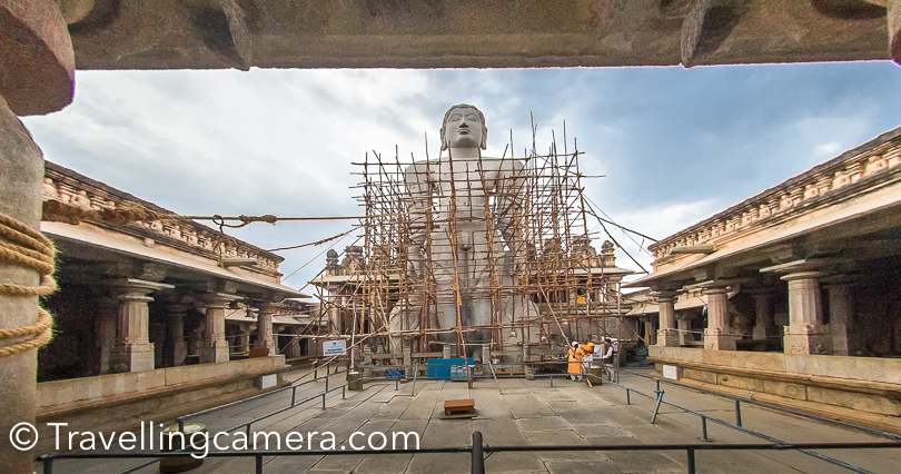 Finally I could reach the temple and saw the huge idol (he statue of Gommattesvara Bahubali) in main temple. The main statue was under renovation and hence these wooden pillars all around the statue. 