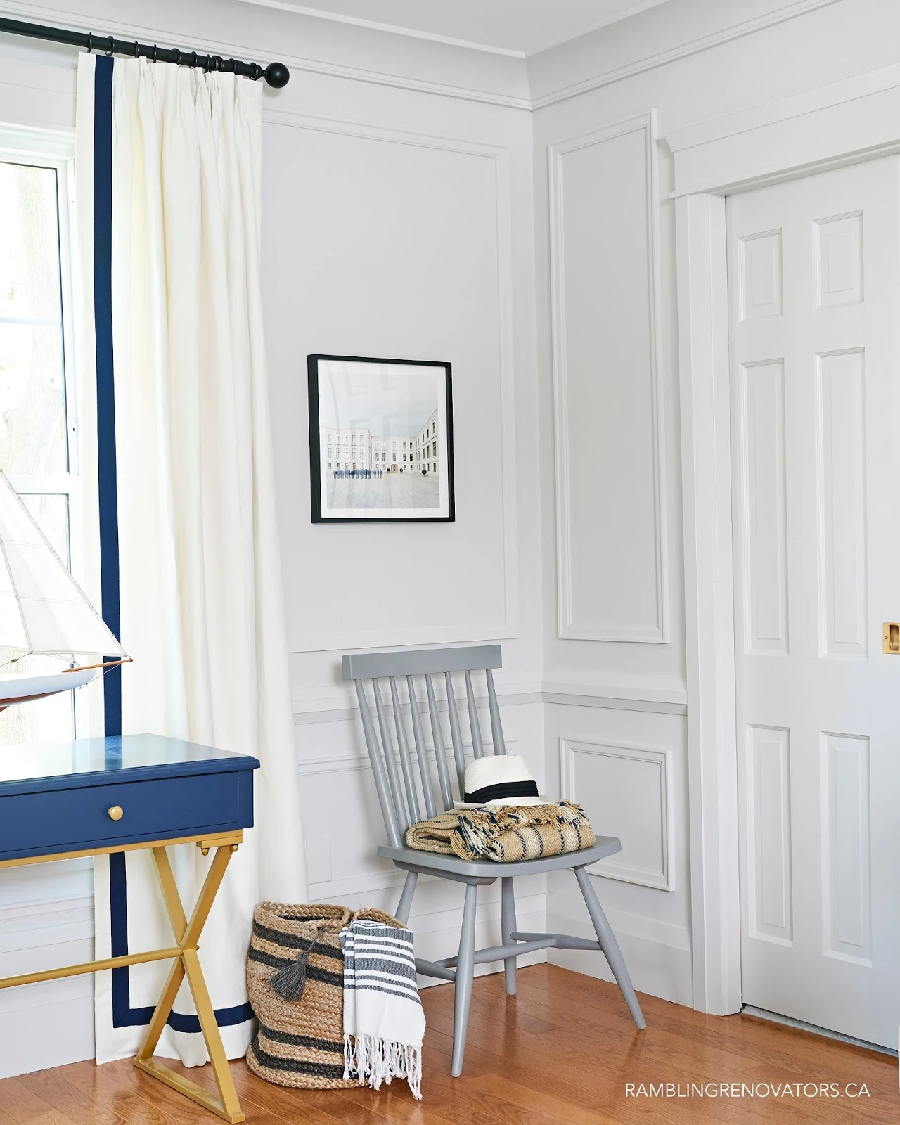 blue desk, painted moulding, spindle chair, chair vignette styling