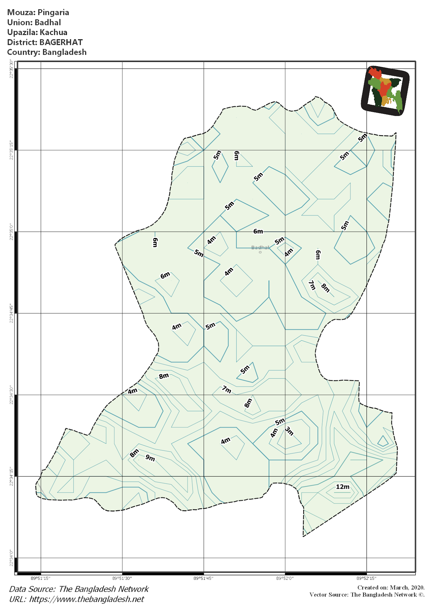 Map of Pingaria Mouza of Kachua Upazila, BAGERHAT, Bangladesh.