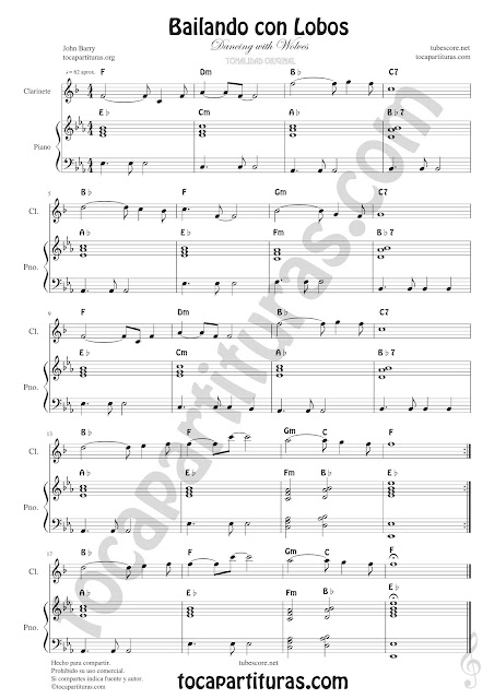  Clarinete Partitura Bailando con Lobos Sheet Music for Clarinet Music Score