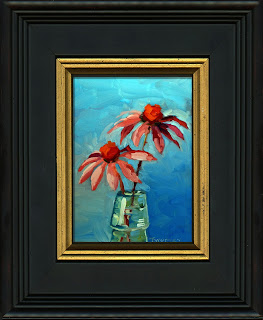 Framed painting of Summer Echinacea in French Bottle by C. Twomey