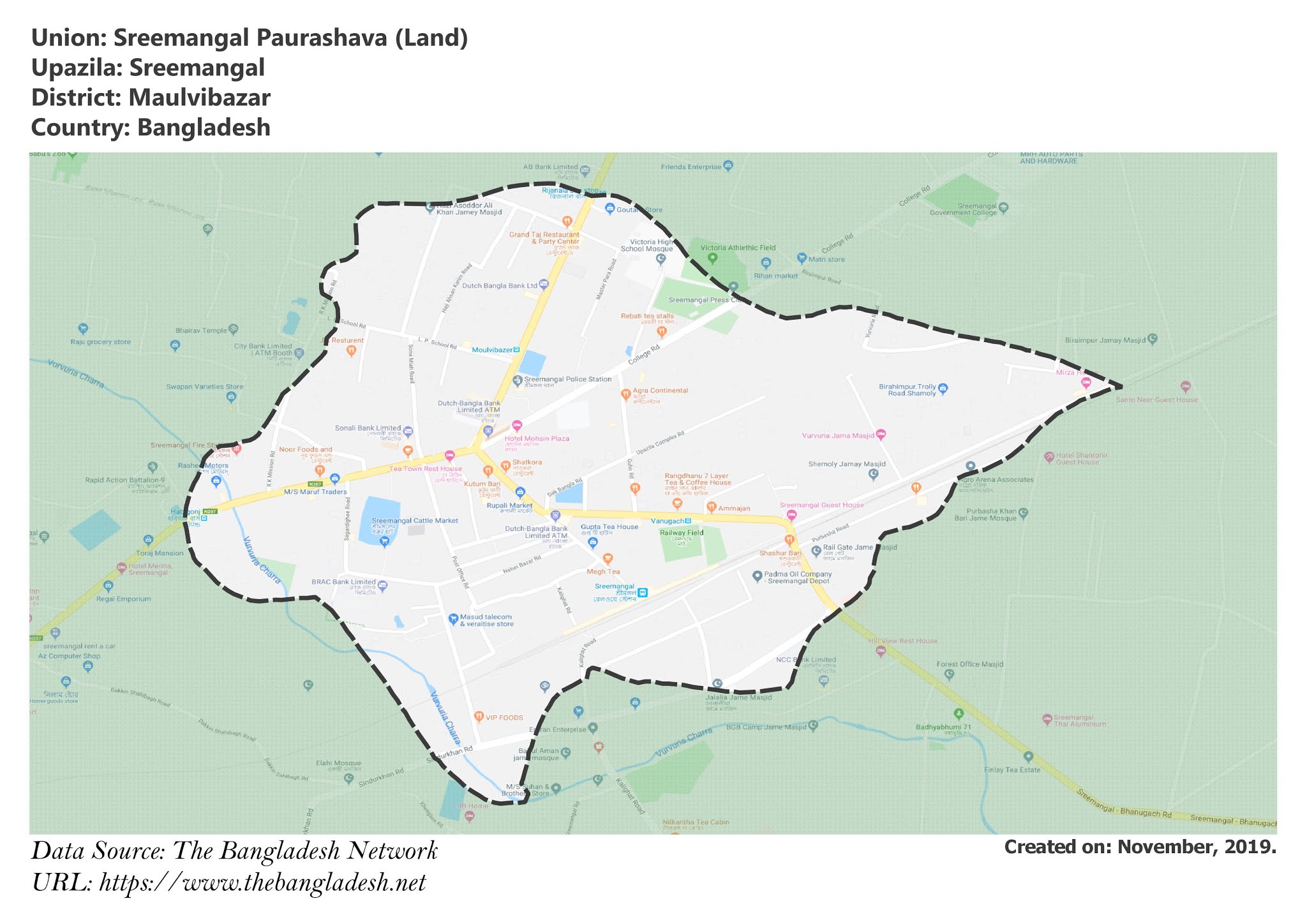 Map of Sreemangal Paurashava of Maulvibazar, Bangladesh.