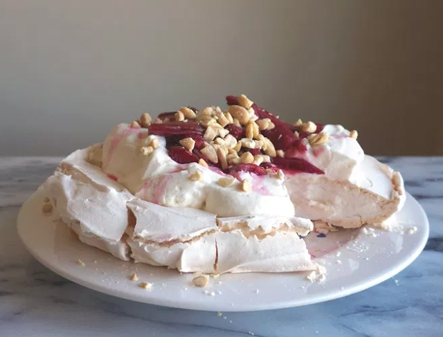Roasted Rhubarb Pavlova with Smashed Almonds