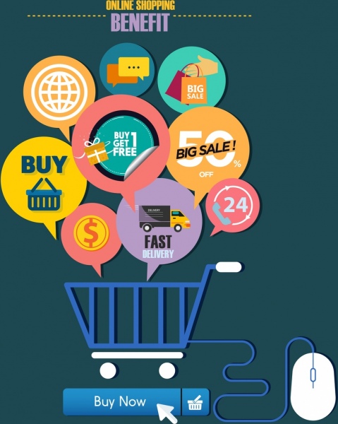 Online shopping benefit concept speech baubles trolley icons Free vector