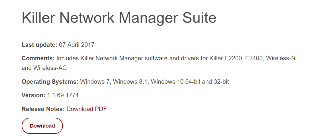 killer network drivers not installing