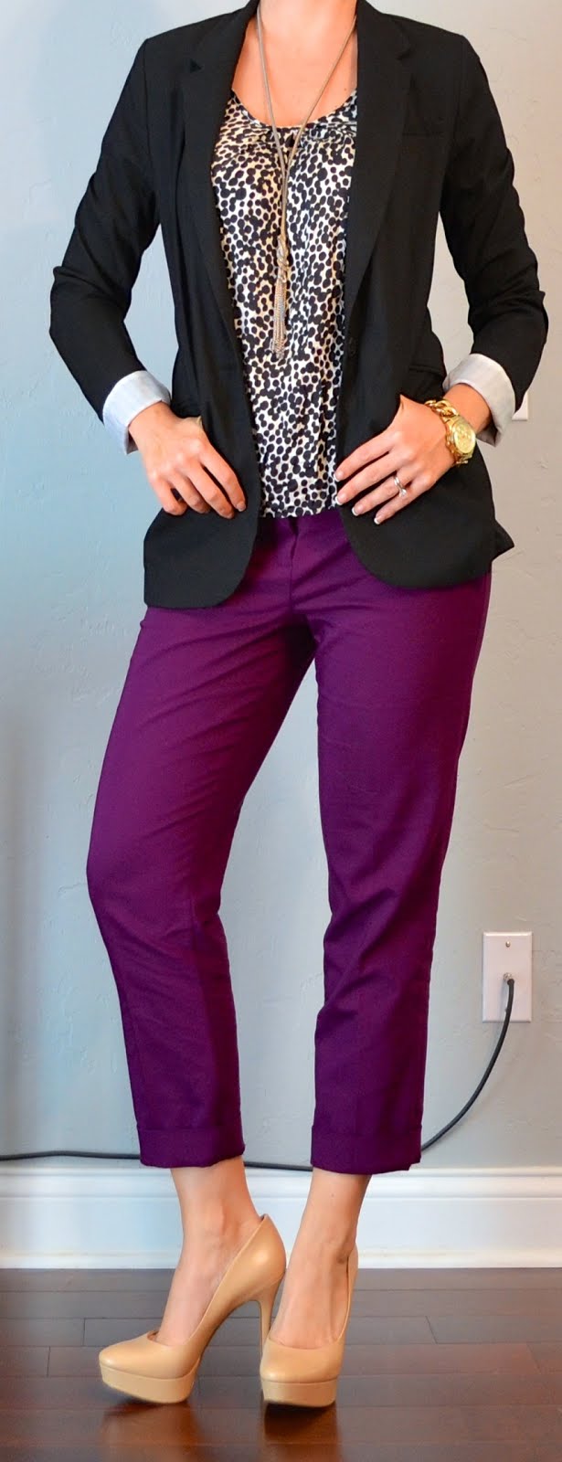 outfit post: black blazer, polkadot blouse, purple cropped pant