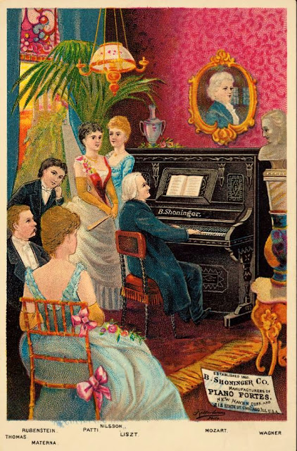 busts of Mozart and Wagner overlook parlor scene with Thomas, Rubenstein, Materna, and Nilsson listening to Liszt play
