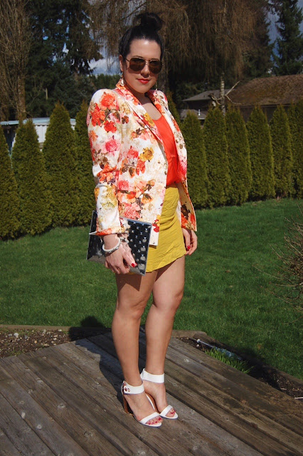 Floral Zara blazer, silk Joe Fresh tank, Forever 21 skirt, Ela Editor's Pouch and Topshop heels