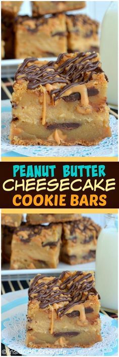 peanut butter cookies layered with peanut butter cheesecake & chocolate make these bars amazing! Awesome dessert recipe!