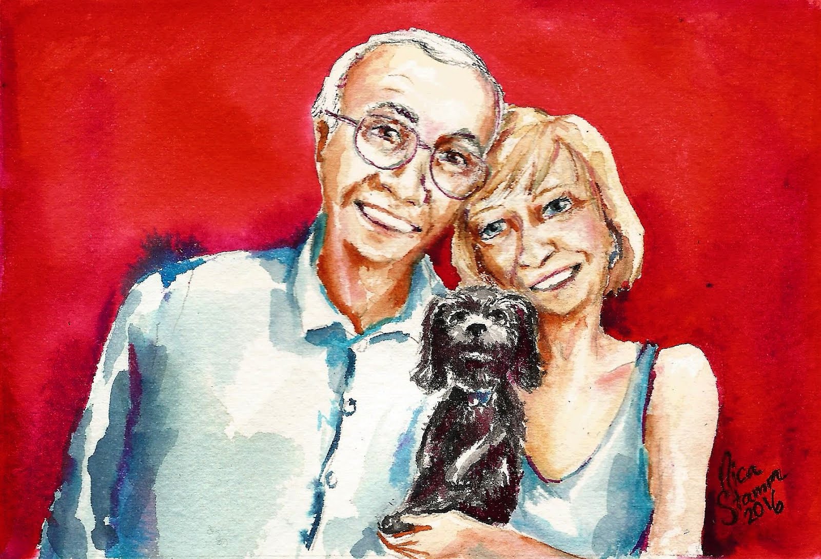 Watercolor Portrait of Couple with Their Dog Nica