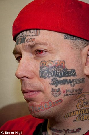 porn sites URL tattooed on his face and neck