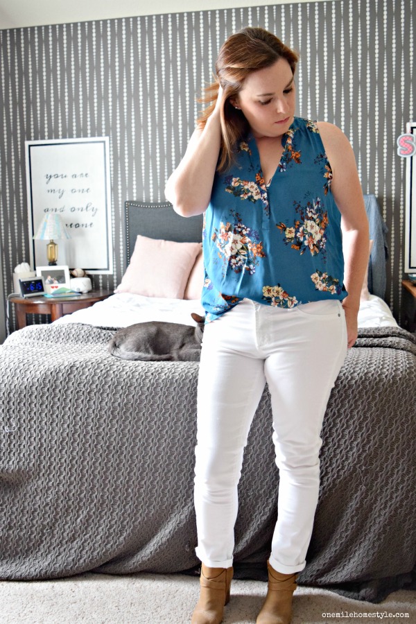 Stitch Fix Review July 2018 - Teal Floral Blouse and White Skinny Jeans