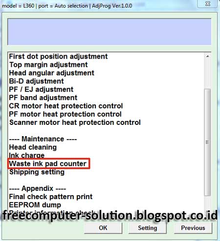 Reset Epson L360 printer with Epson adjustment program