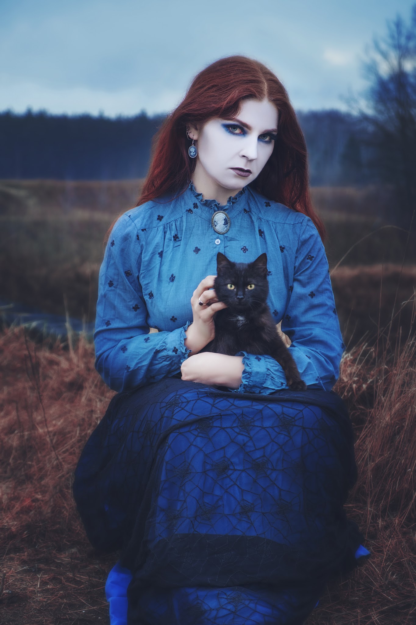 Blue witch with her black cat