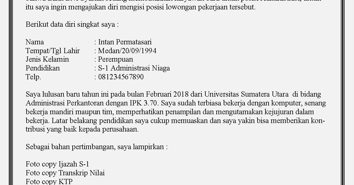 Contoh Surat Lamaran Kerja Di Bina Bni Berbagi Contoh Surat