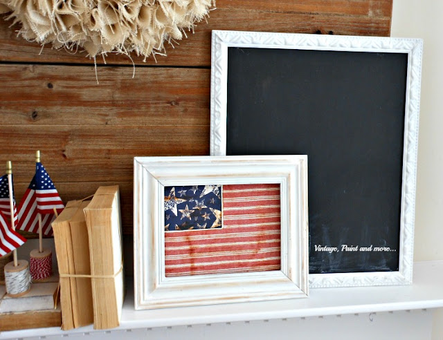 Vintage, Paint and more... a vintage patriotic mantel with distressed frames, diy paper flag, chalkboard
