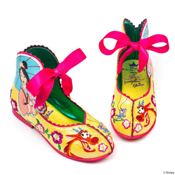 Irregular Choice So Hot, I'm Cool yellow childrens shoes with Mulan embroidery and pink ribbon