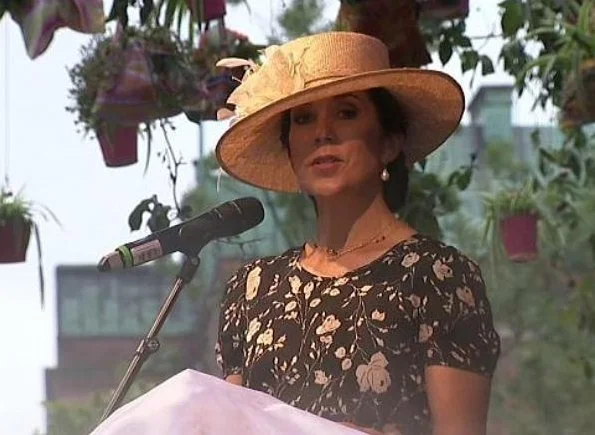 Crown Princess Mary wore a black and white floral dress by Ralph Lauren and Marianne Dulong pearl earring, Gianvito Rossi pumps