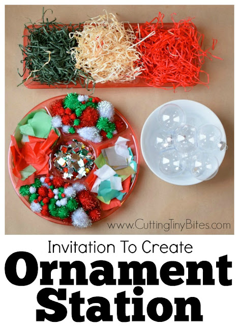 Set up a Christmas ornament station for preschool, kindergarten, or elementary class party.  Let kids add different Christmas goodies to work on fine motor skills and make a beautiful keepsake ornament to take home!