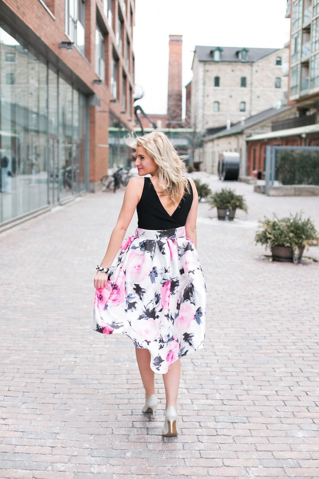 Bijuleni - Floral high and low Dress, Faux Fur Zara Vest and sparkly heels