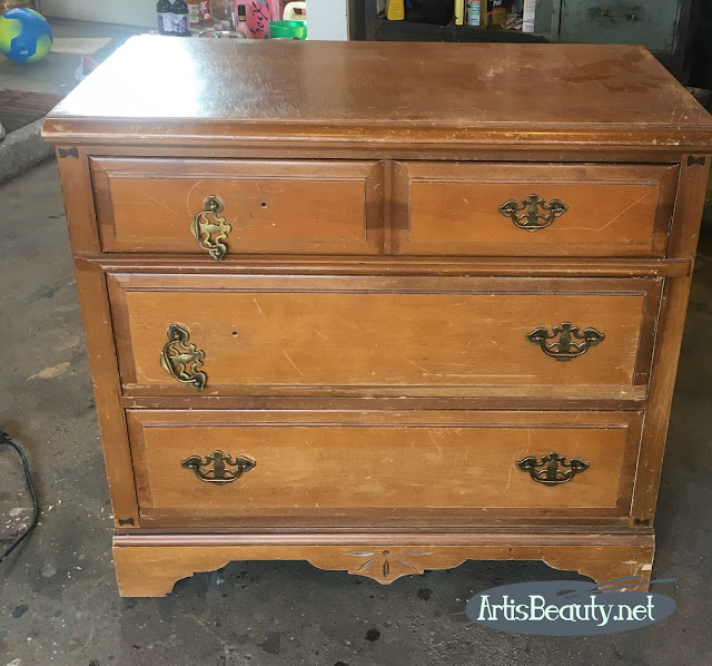 Beat up old small dresser given a regency style makeover with general finishes Persian Blue paint