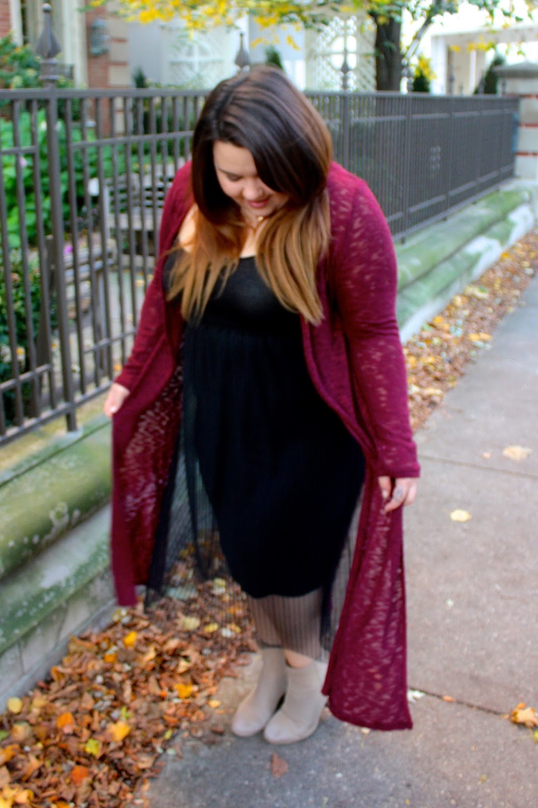 Natalie Craig, Natalie in the city, chicago, fashion blogger, plus size fashion blogger, plus size, ootd, duster cardigan, maxi cardigan, pleated tulle, tulle skirt on plus size women, full figured, see through dress, burgundy, fall fashion, chicago blogger, ankle boots for plus size, what to wear with a duster cardigan, Love EmilyD, chicago doordinate necklace