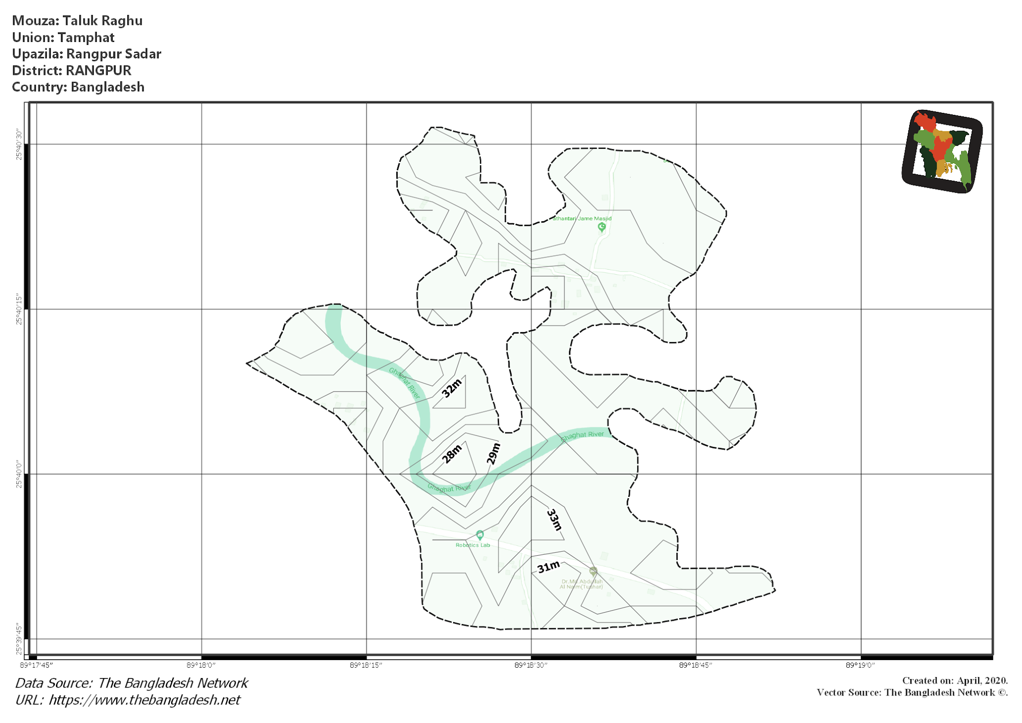 Map of Taluk Raghu Mouza of Rangpur Sadar Upazila, RANGPUR, Bangladesh.