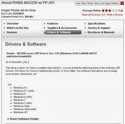página para descargar los driver de impresora Canon PIXMA MG220