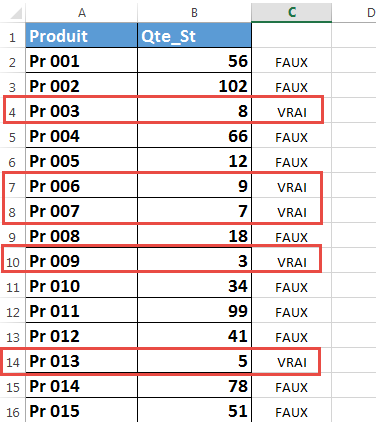 Cellules renvoyant valeur Vrai Cellules renvoyant valeur Vrai