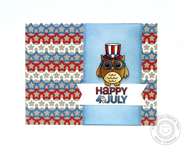 Sunny Studio: Patriotic Good Sam Red, White & Blue Owl Card by Mendi Yoshikawa (using Woo Hoo stamps, Stars & Stripes stamps, Star Border die and Fishtail Banner dies)