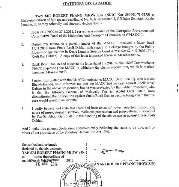 rocky's bru: Robert Phang's Statutory Declaration