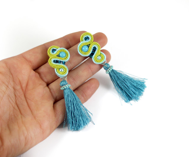 tassels soutache earrings, Lime, turquise,