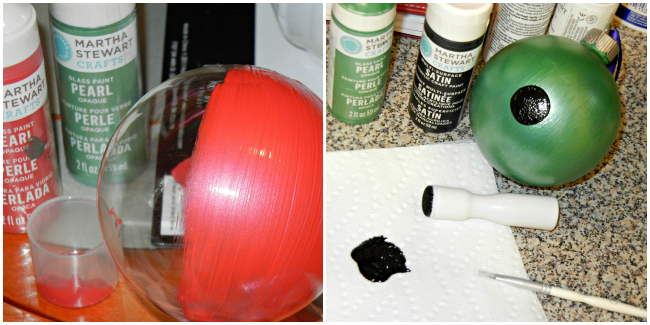 painting a clear glass ornament with red paint and another with green 