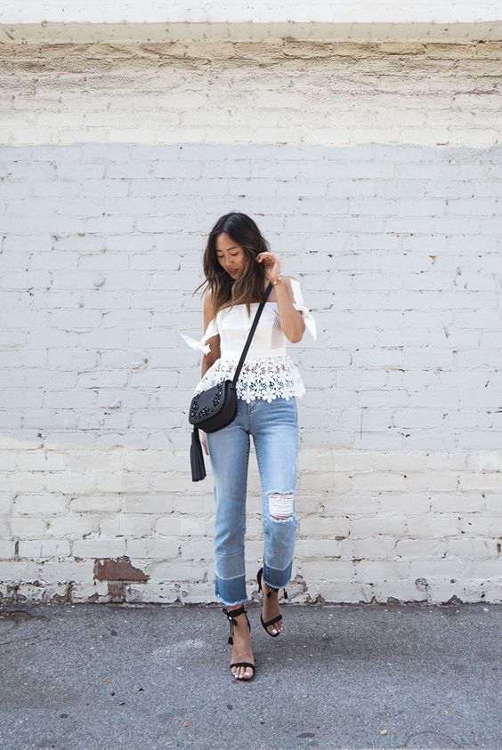 Aimee Song - Off Shoulder Floral Crochet Top + Patchwork Frayed Jeans + Tassel Lace Up Heels