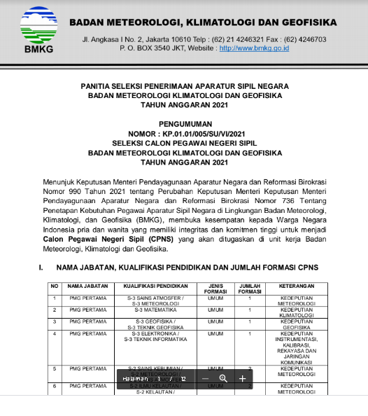 Lowongan Kerja Cpns Badan Meteorologi Klimatologi Dan Geofisika Bmkg Tahun 2021 Rekrutmen Lowongan Kerja Bulan Juni 2021
