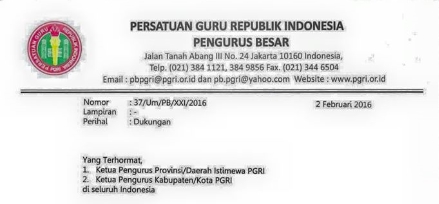 SURAT RESMI PGRI AKSI MOGOK NASIONAL TGL 10-11 FEBUARI 2016