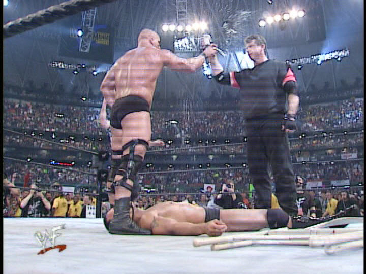 Stone Cold Steve Austin beat The Rock in 28:07 to win the WWF title. 