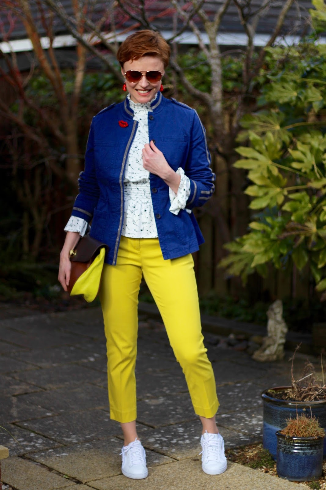 Blue Boden Beaded Band Jacket, Yellow Trousers | Spring Style | Fake Fabulous