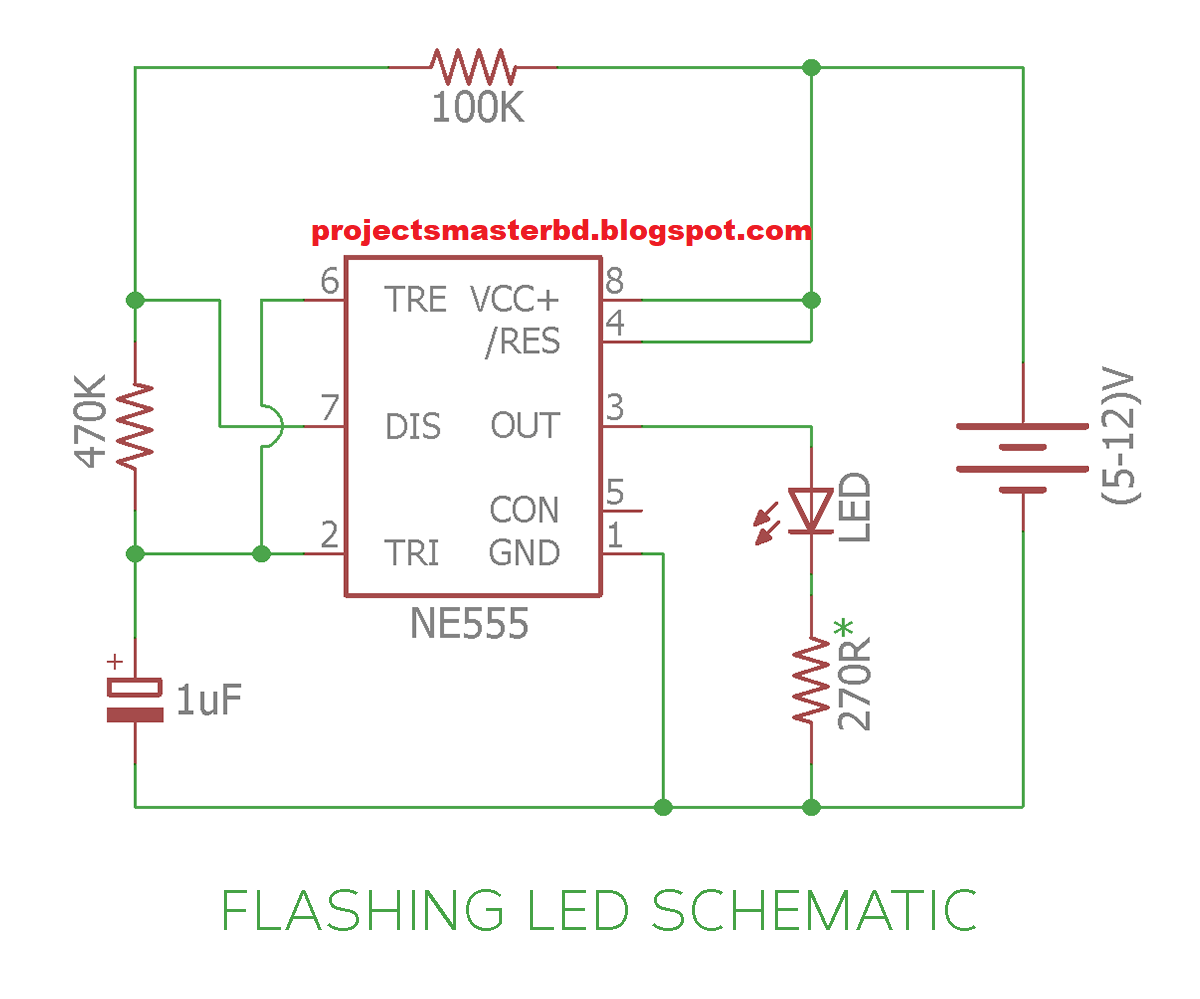 Flashing/Blinking LED Circuit using 555 timer ProjectMaster