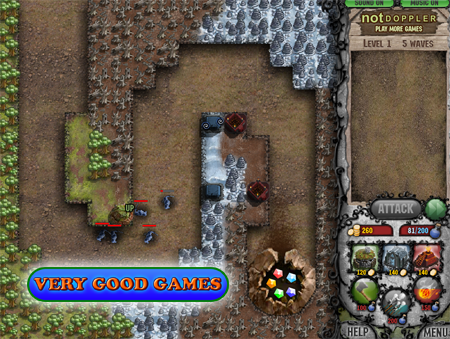 A screenshot from the free online tower defense game Cursed Treasure