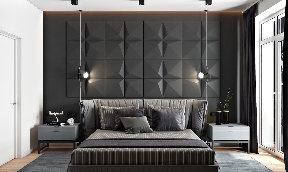 dangling-camera-lights-striped-covers-gray-accent-wall