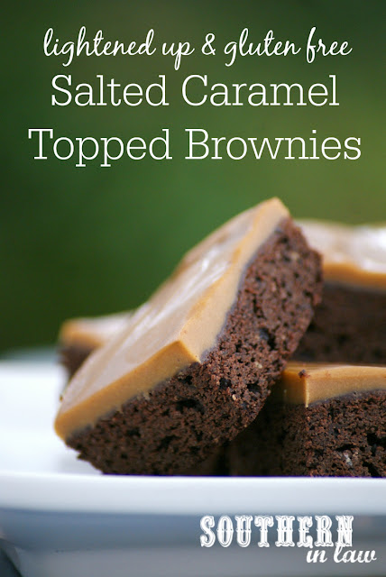 Skinny Salted Caramel Topped Brownie Recipe - healthy, lightened up, healthier, gluten free, salted caramel frosting, low fat, lower sugar, low calorie, healthier birthday cake recipes