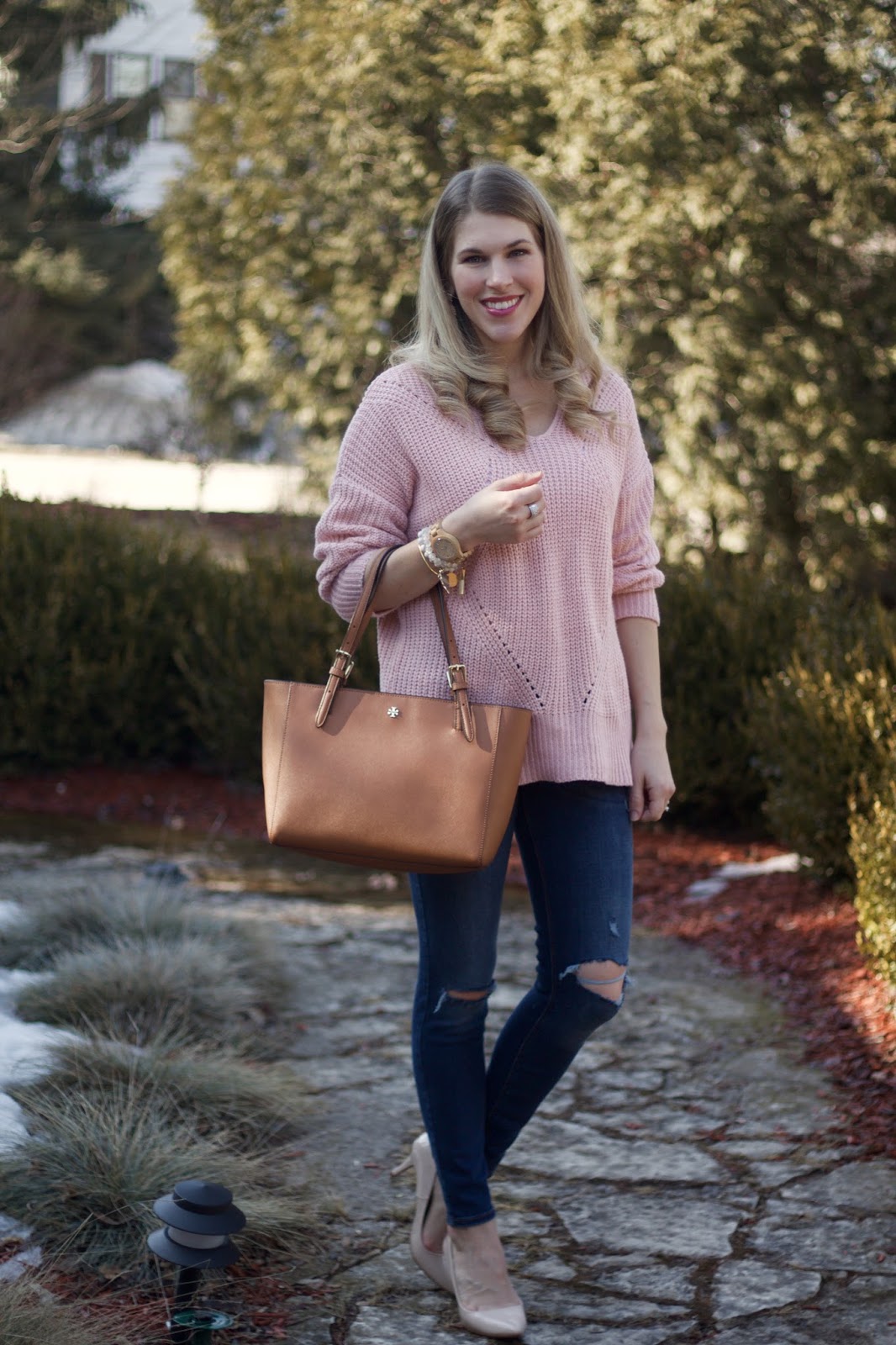Pink Sweater & Distressed Jeans