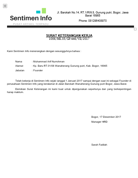 Surat Keterangan Kerja Sentimen Info
