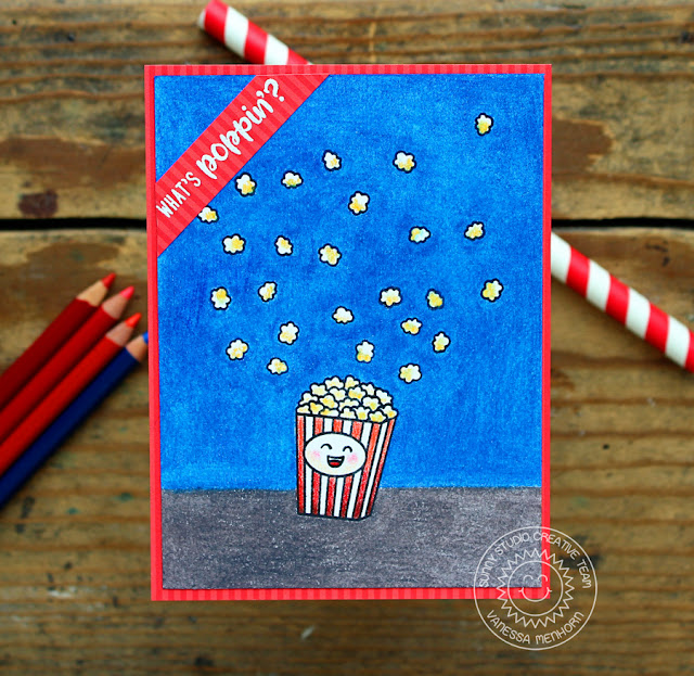 Sunny Studio Stamps: Fast Food Fun Happy Popcorn Bucket Colored Pencil Card by Vanessa Menhorn