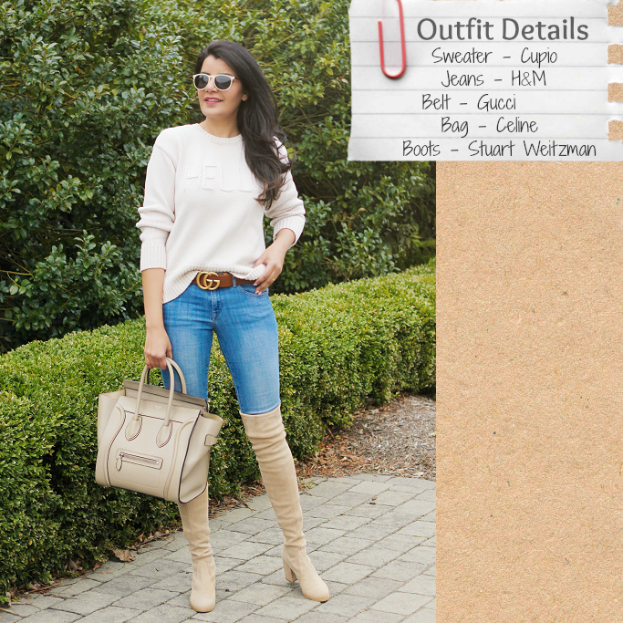 Neutral Outfit Ideas, Gucci Marmont Belt In Brown Leather God Hardware, Stuart weitzman Tieland, Stuart Weitzman Taupe OTK Boots, How To Wear Neutrals In Spring, Blue Jeans And White Top Ideas
