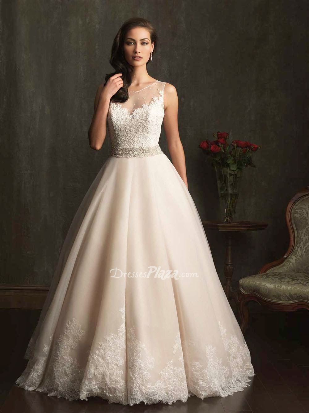 Ball Gown Sheer Jewel Neckline Lace Bodice Beaded Natural Waist Wedding Dress-1