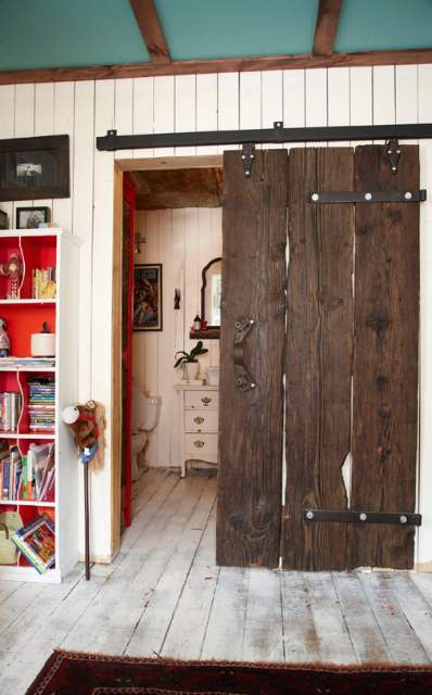 Barn door on a bathroom, by Marion House Book - please click on direct link to pin