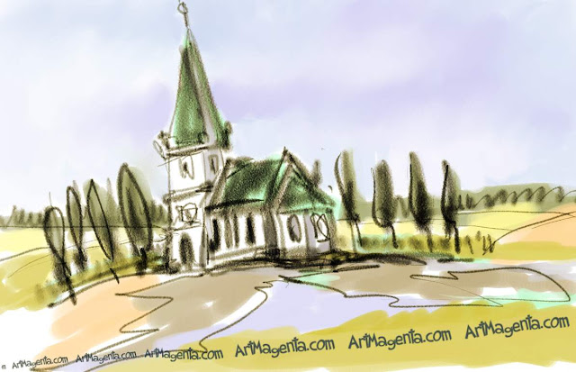 Church in open landscape is a sketch by artist and illustrator Artmagenta