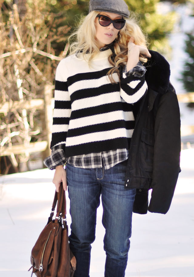Winter style, stripes and plaid, newsboy cap, black and brown